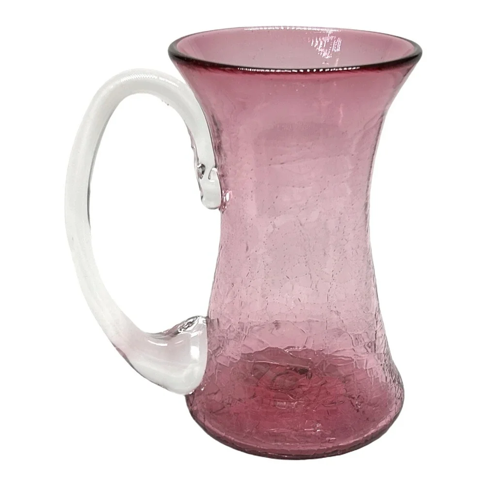 Vtg 90s Pink Crackle Glass Pitcher Vase 5.5